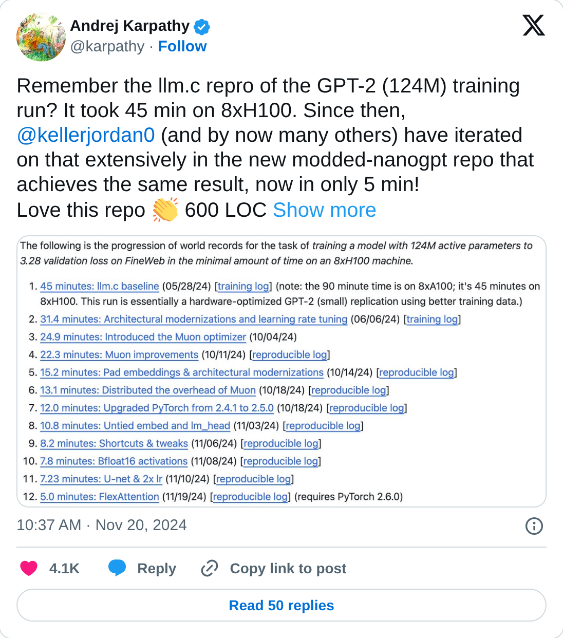 Andrej Karpathy's November 2024 post about the GPT-2 124M training speedrun reaching five minutes on eight H100 GPUs